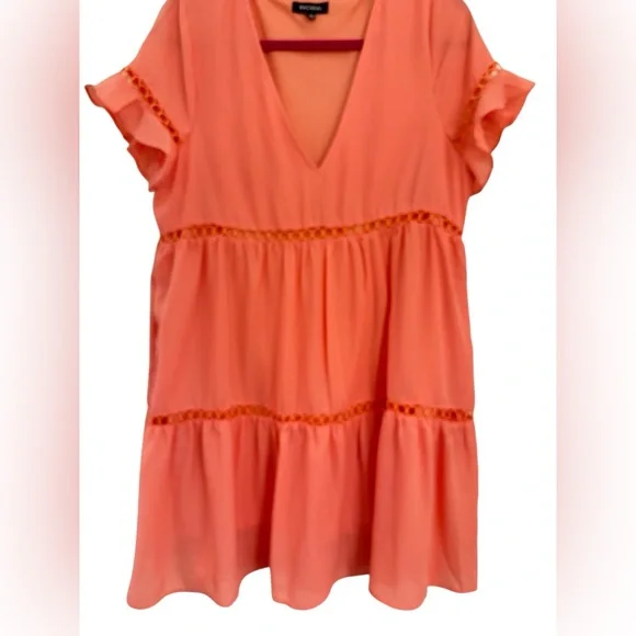 Racheal Coral V-Neck Tiered Mini Dress with Flutter Sleeves Crochet Eyelet Trim - Picture 1 of 7